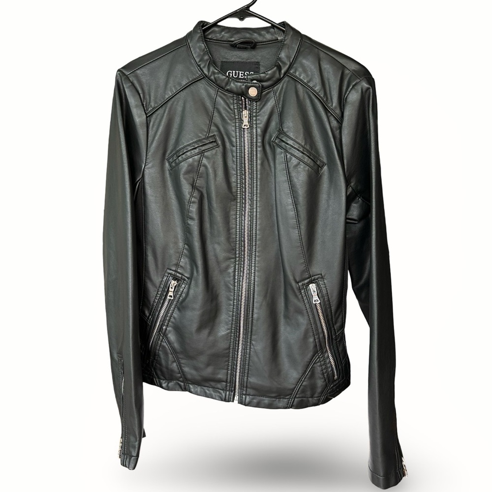 NEW! Guess Moto Bomber Jacket Black Faux Leather Size Large - Picture 2 of 10